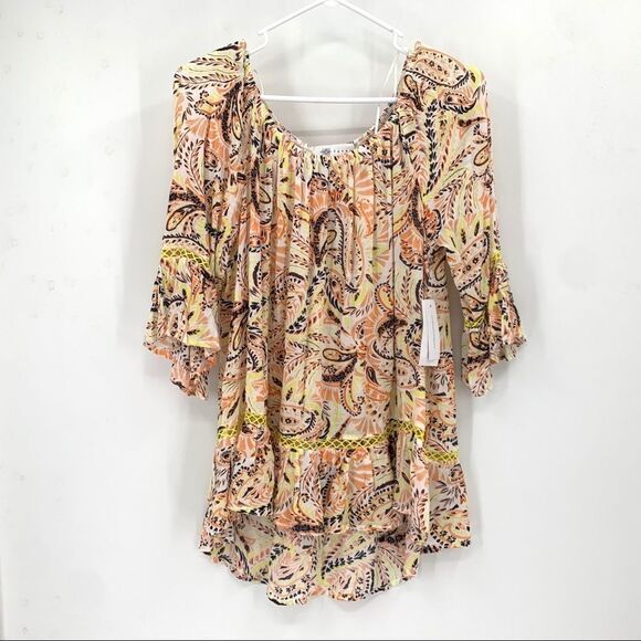 NWT Fever Yellow orange brown Bell Sleeve Boho Top SIze M - Picture 1 of 9